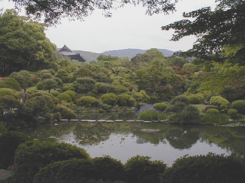 View of the rear garden and vista at Isui-en garden in Nara.