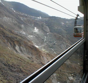 View of the Hakone ropeway, and hot springs beneath.